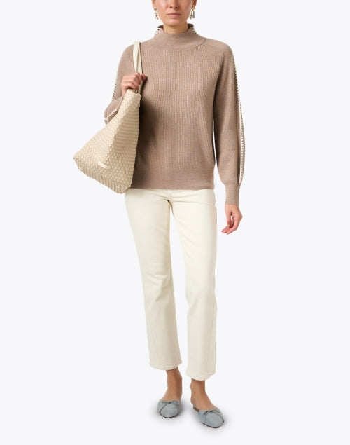 Stylish Taupe Wool - Cashmere Sweater with Sleeve Stripe Details