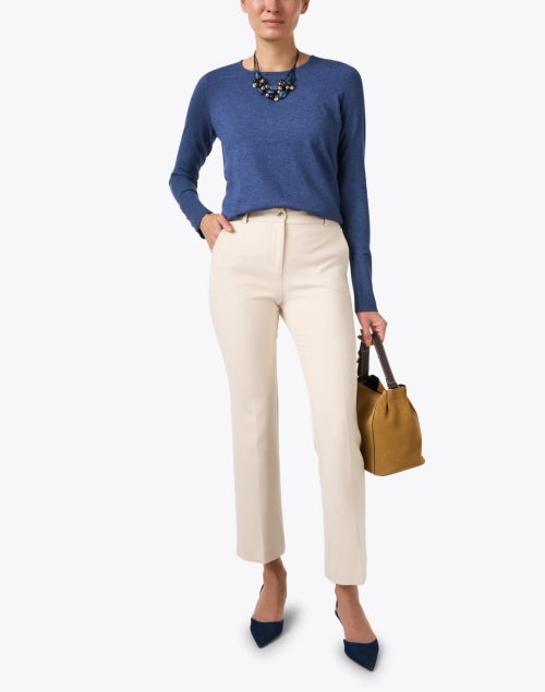 Stylish Indigo Knit Crew Neck Top with Button Cuff Detailing