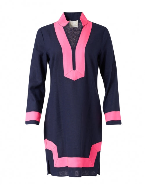 Navy and Bright Pink Color-Blocked Linen Tunic Dress for Coastal Wear