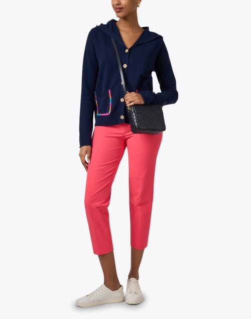 Navy Knit Cardigan with Contrast Stitch and Relaxed Hood