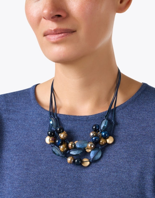 Stylish Multi - Layered Blue and Gold Glass and Matte Beaded Necklace