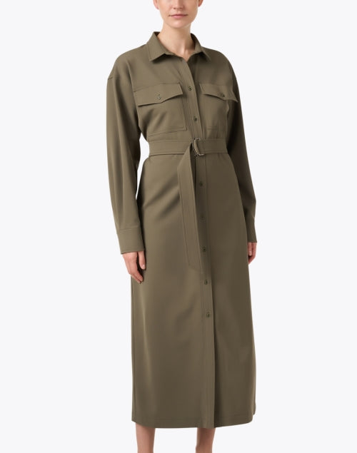 Stylish Khaki Green Knit Blend Shirt Dress with D - ring Belt