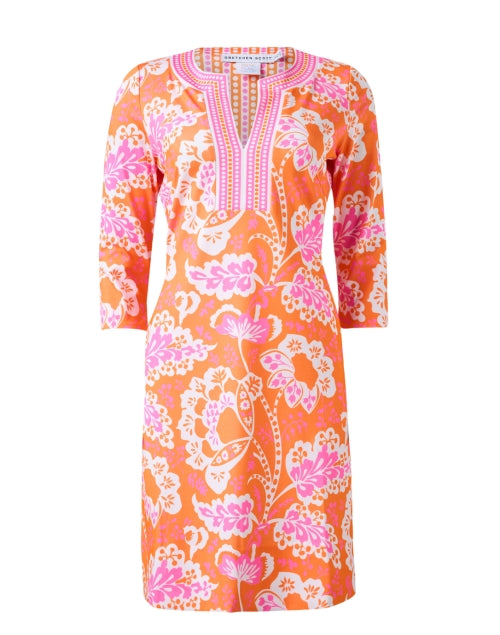 Stylish Orange and Pink Floral Printed Jersey Tunic Dress