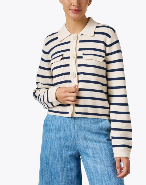 Stylish Ivory and Navy Striped Women's Cotton Knit Cardigan for Everyday Wear