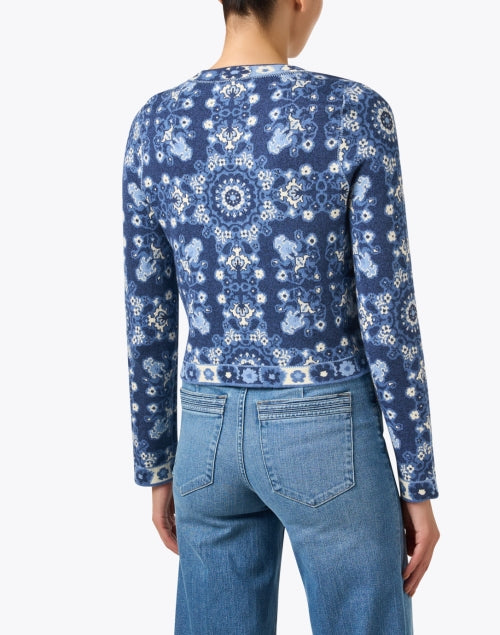 Livi Women's Blue Tile Pattern Knitted Cardigan with Delicate Gold Buttons