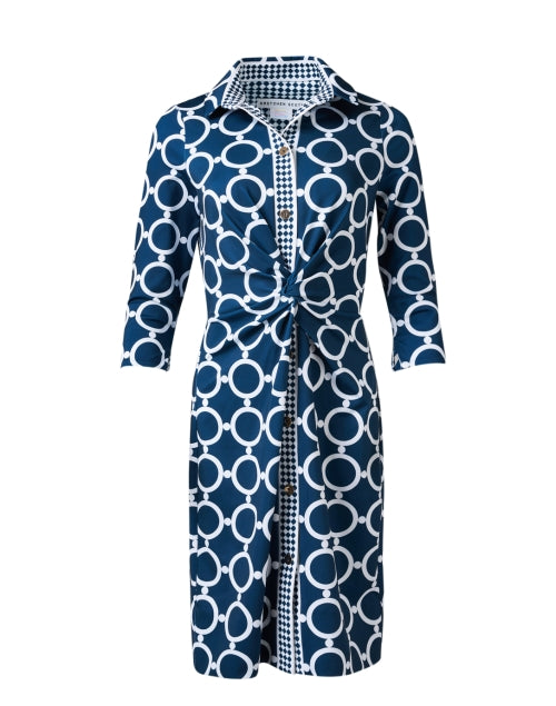 Stylish Navy and White Printed Twist Shirt Dress for Transitional Wardrobe