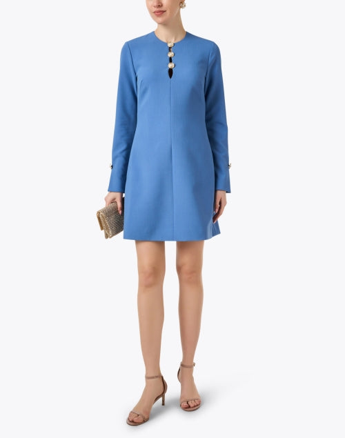 Stylish Blue Button-Detailed Twill Mini A-Line Dress for Women