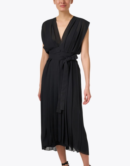 Stylish Black Pleated Wrap-style Women's Dress