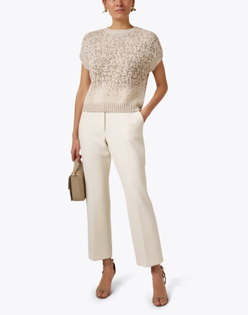 Beige Letter-Designed Lurex Sequin Short-Sleeve Knit Sweater