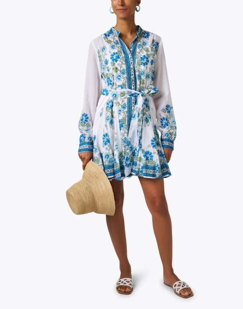 Stylish Blue and White Printed Cotton Godet Dress for Women