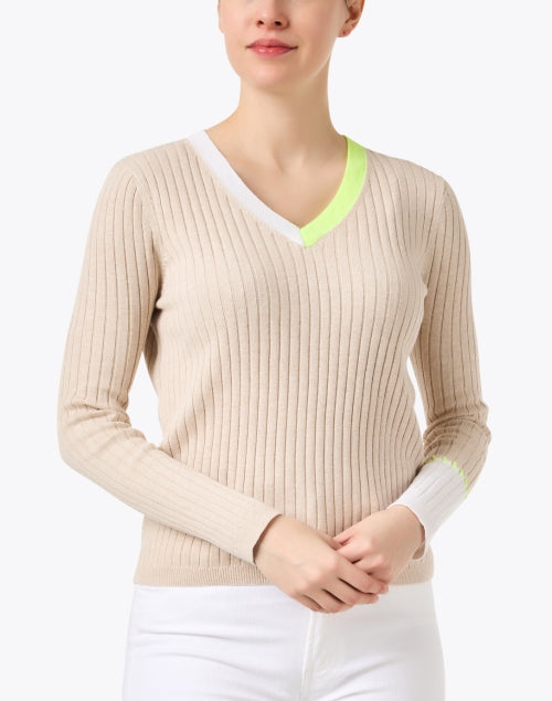 Beige Slim - Stretch Ribbed Cotton Sweater with Multi - Color Trim