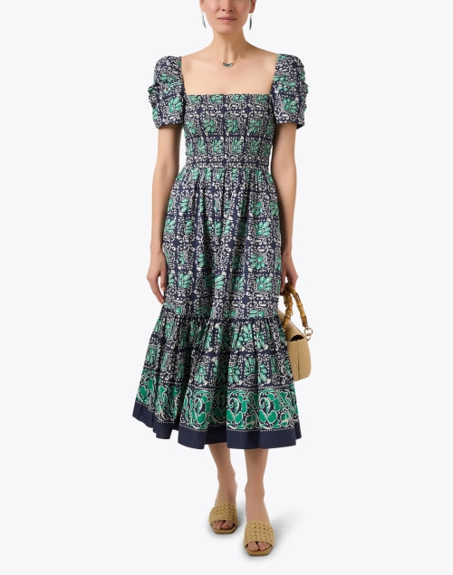 Stylish Navy and Green Print 100% Cotton Women's Dress