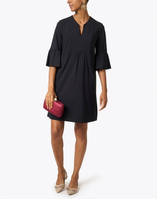 Stylish American-Made Black Ruffled Dress with V-Neck and Bell Sleeves