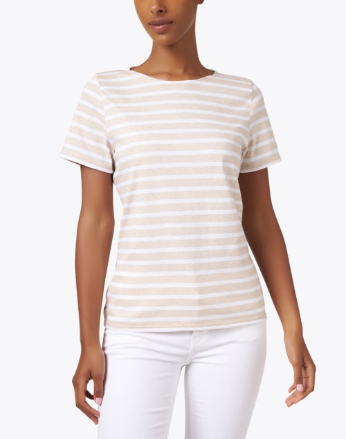 French-Crafted Etrille Beige and White Striped Short-Sleeve Cotton Crew Neck Tee