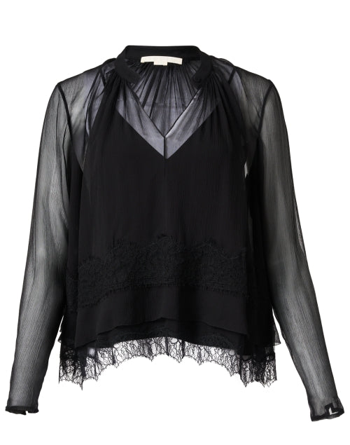 Elegant Black Silk Chiffon Blouse with Intricate Lace Trim