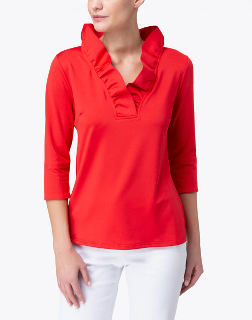 Bright Red Stretch Ruffle V-Neck Slim-Fit Top for Spring