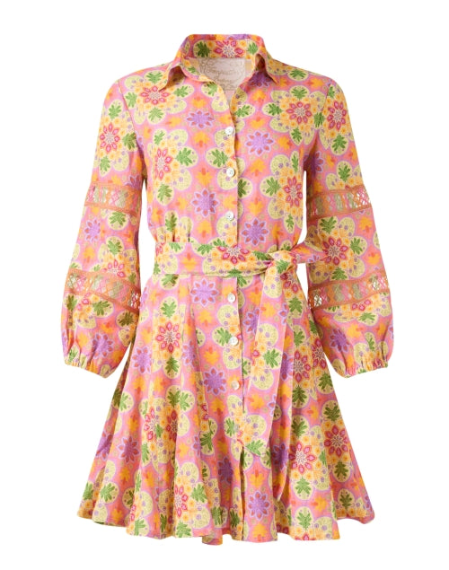 Versilia Sunny Motif Embroidered 100% Linen Multi - Print Shirt Dress
