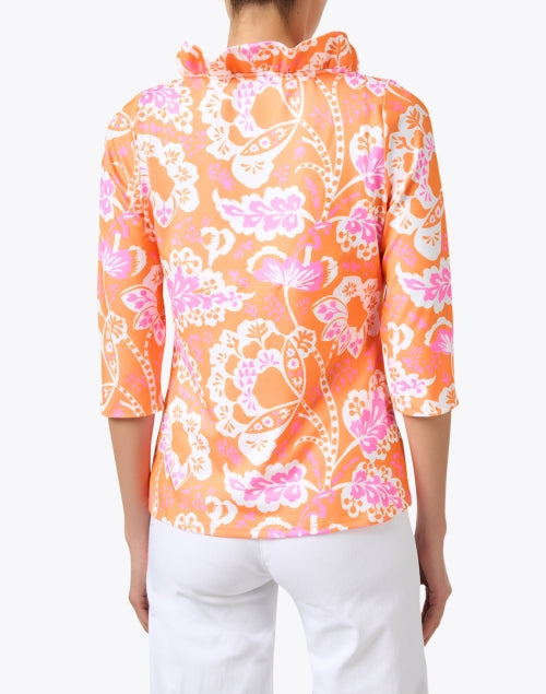 Stylish Orange and Pink Floral Print Ruffle Neck Women's Top