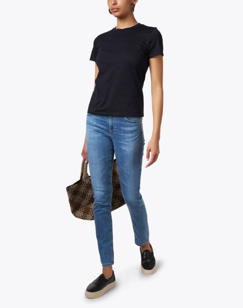 Navy-Colored Pure Cotton Short-Sleeved Crew Neck Hip-Length T-Shirt