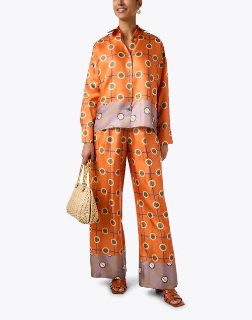 Stylish Orange Printed Silk Twill Wide - Leg Pants for Fashion - Forward Individuals