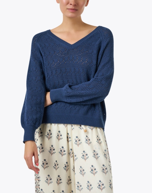 Stylish Navy Cotton Pointelle V-Neck Sweater for Layering