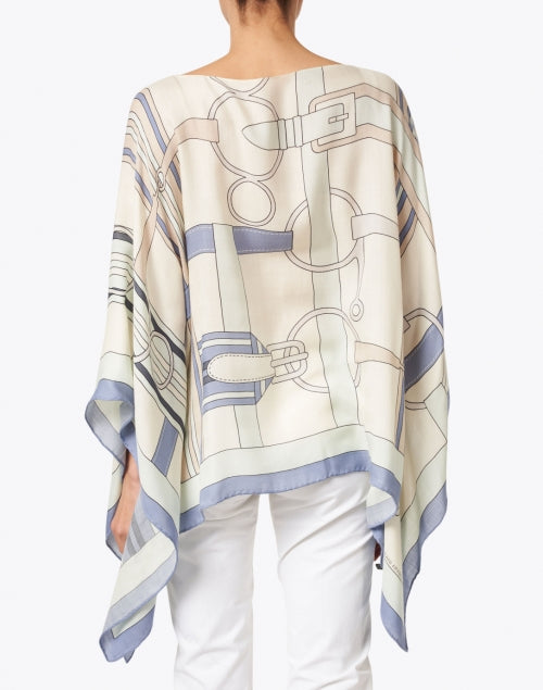 Italian-Made Firenze Blue Silk Cashmere Poncho with Saddle Print