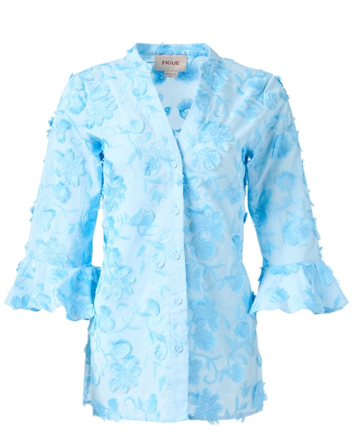 Arielle Women's Blue Floral-Embroidered Cotton Blouse for Casual Wear