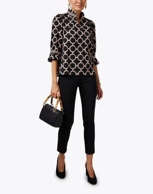Stylish Women's Black and Brown Print Ruffled Collar Top