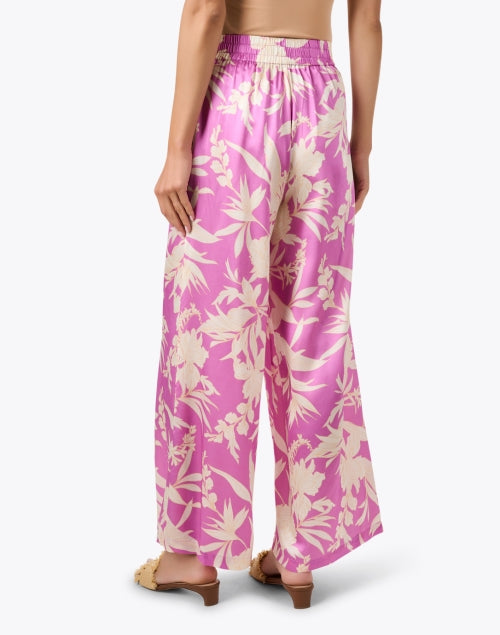 Exquisite Purple Floral Print Silk Satin Wide - Leg Jade Pants