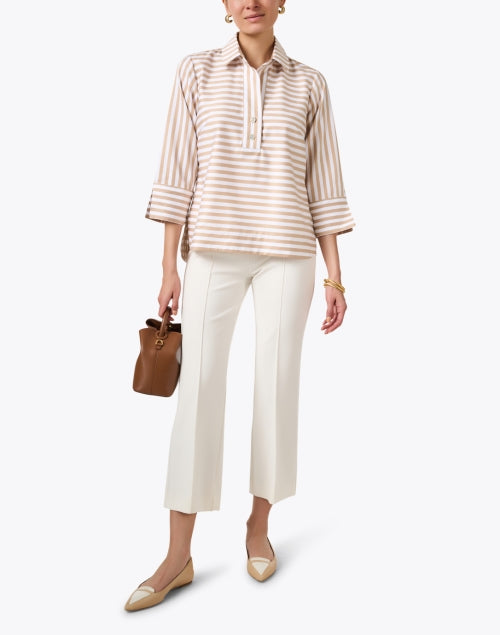 Aileen Women's Beige and White Striped Cotton Poplin Casual Top