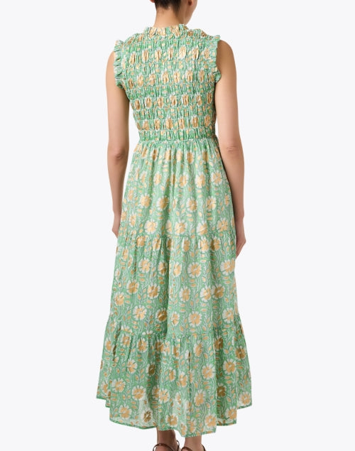 Exquisite Mughal-Style Green and Gold Floral Print Smocked Maxi Dress for Women