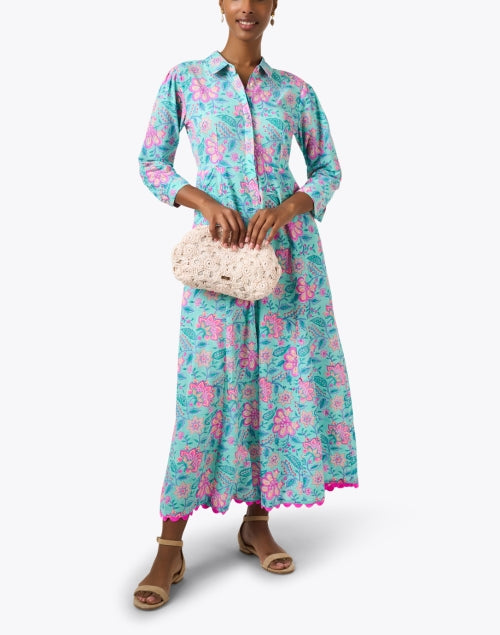 Stylish Aqua and Pink Floral Print Women's Dress