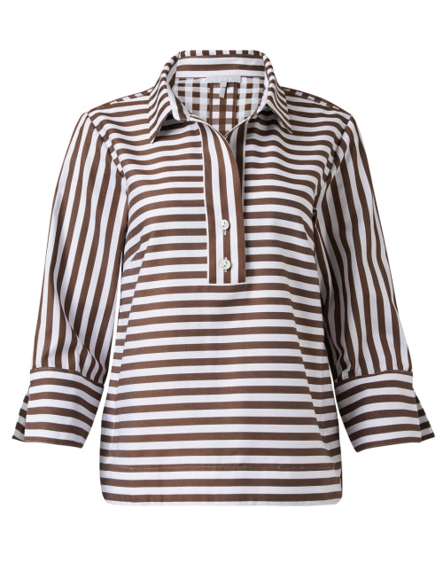 Aileen Women's Brown and White Striped Cotton Poplin Henley Style Top