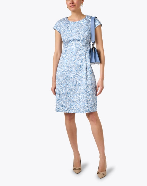 Stylish Blue and White Printed Stretch-Cotton Sheath Dress for Modern Women