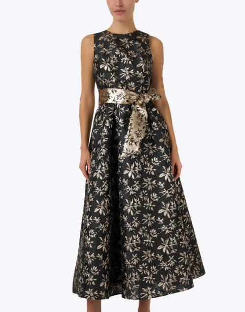 Elegant Shoshanna Serra Black and Gold Floral Women's Evening Dress