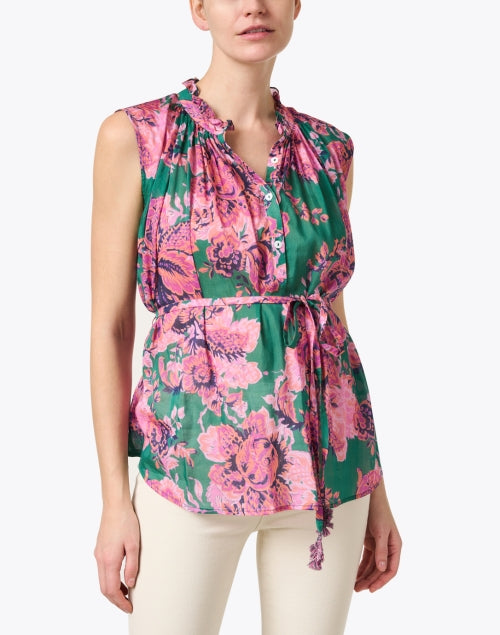 Rosette Print Cotton-Silk Blend Sleeveless Blouse in Green and Pink Colors