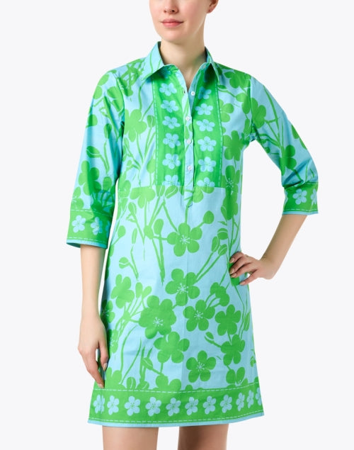 Women's Blue and Green Floral Printed Stretch Cotton Shirt Dress for Transitional Styling