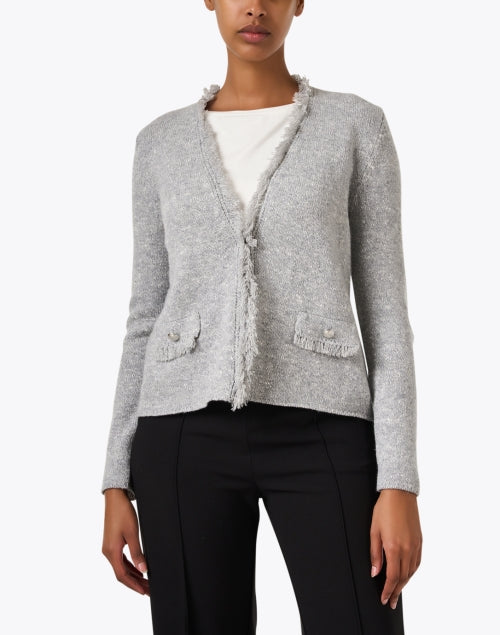 Stylish Rivalta Grey Wool - Silk Blend V - Neck Fringe Trim Cardigan