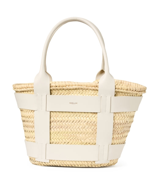 Stylish Santorini White Leather and Raffia Handwoven Top-Handled Tote Bag