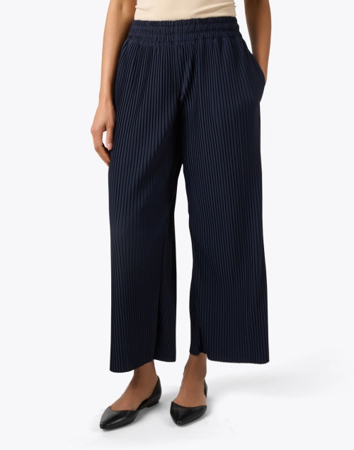 Navy Rolanda Wide Leg Pleated Pants with Smocked Elastic Waistband