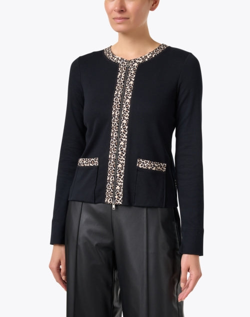 Stylish Black Cardigan with Eye - catching Leopard Print Trim