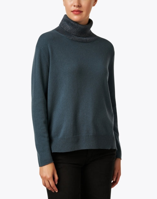 Fabiana Filippi Teal Shimmering Wool, Silk and Cashmere Turtleneck Sweater for a Chic Look