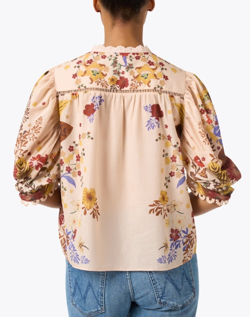 Charming Pink Floral Print Cotton Blouse with Puff Sleeves
