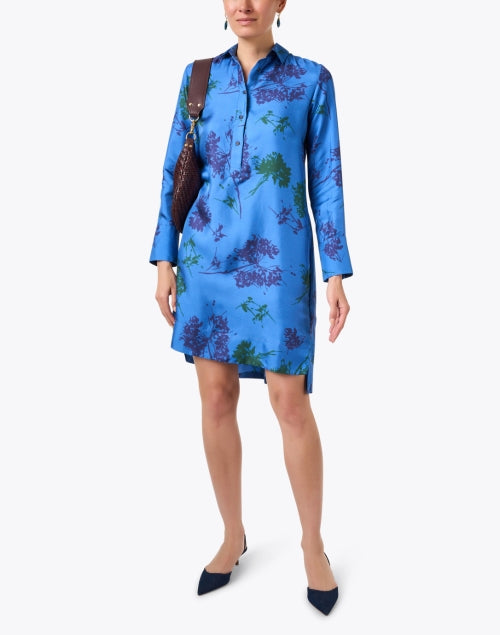 Stylish Blue Silk Dress with Floral Pattern