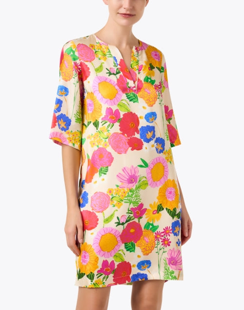 Lizete Elegant Yellow Silk Floral Print Shift Dress