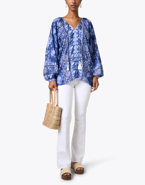 Stylish Sonia Blouse with Intricate Blue Print and Balloon Sleeves