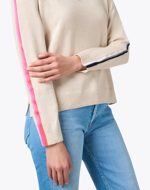 Beige Cotton Sweater with Contrasting Stripe Design