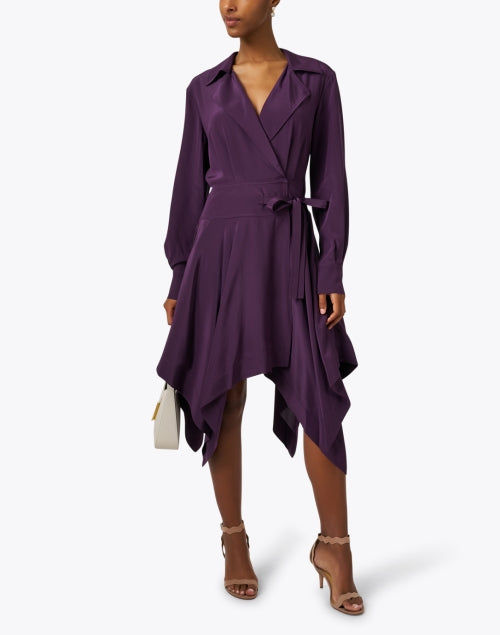 Exquisite Purple 100% Silk Shirt-Style Flowy Dress