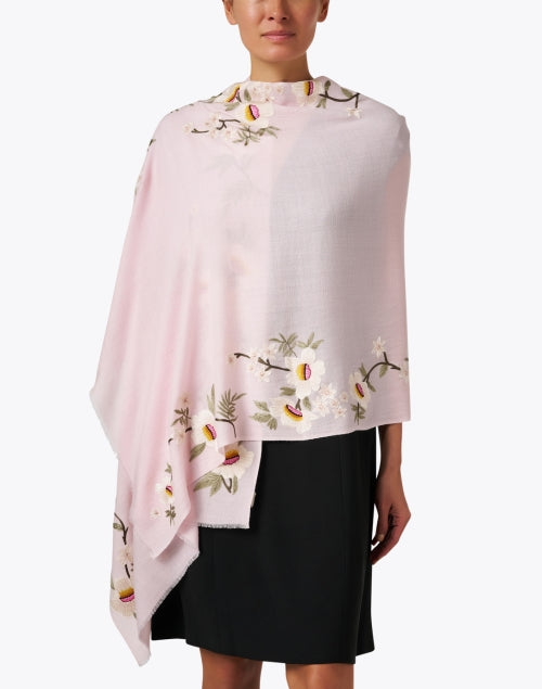 Pink-colored Floral Embroidered Luxury Merino Wool Fashion Scarf