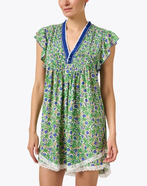 Stylish Blue and Green Floral Printed Mini Dress by Poupette St Barth - Sasha Style